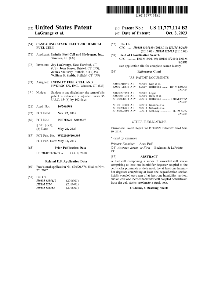 Infinity Fuel Cell and Hydrogen, Inc. Announces New Patent Infinity Fuel